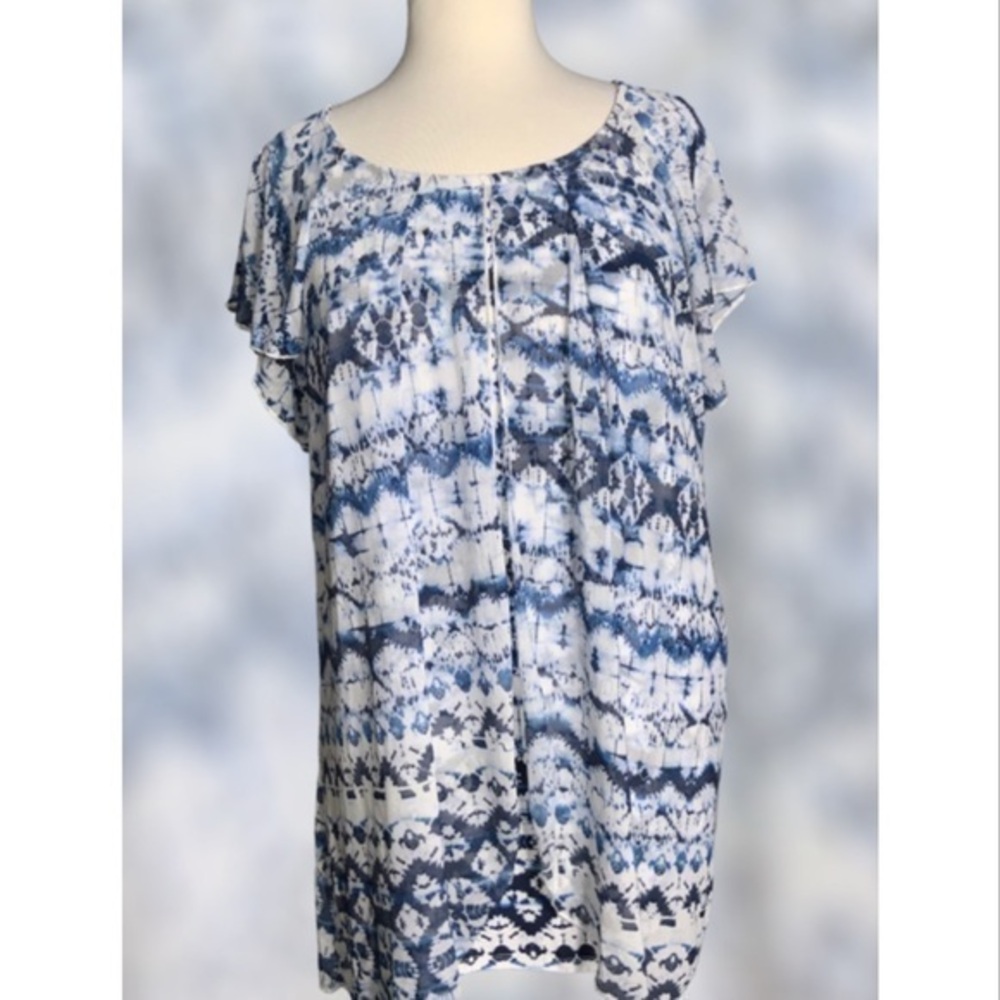 Ava & Grace Blue & White Chiffon Overlay Flutter Short Sleeves Tunic 1X